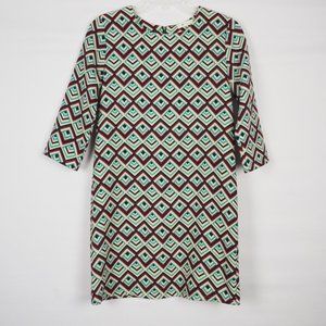 Everly Geo Diamond Print Dress 3/4 Sleeve Tan S